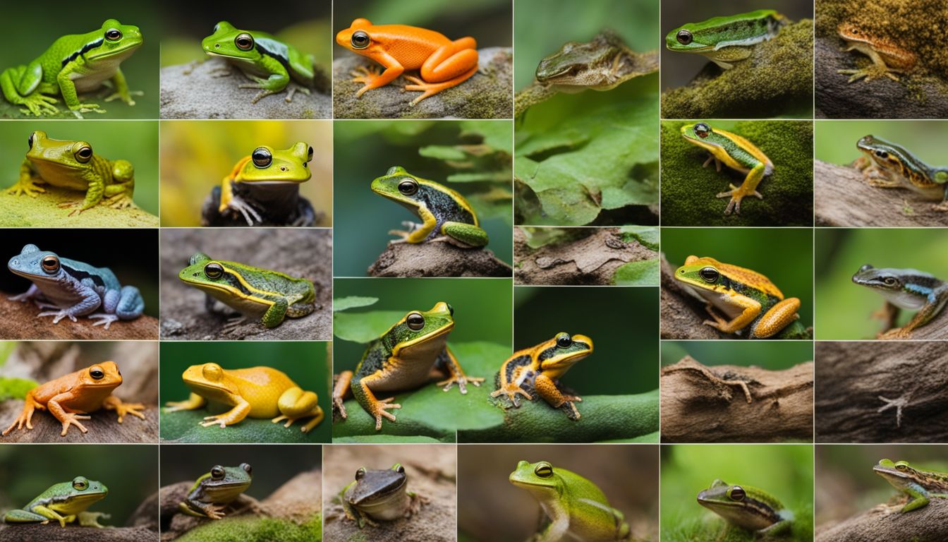 A vibrant collage of colorful amphibians in their natural habitats.