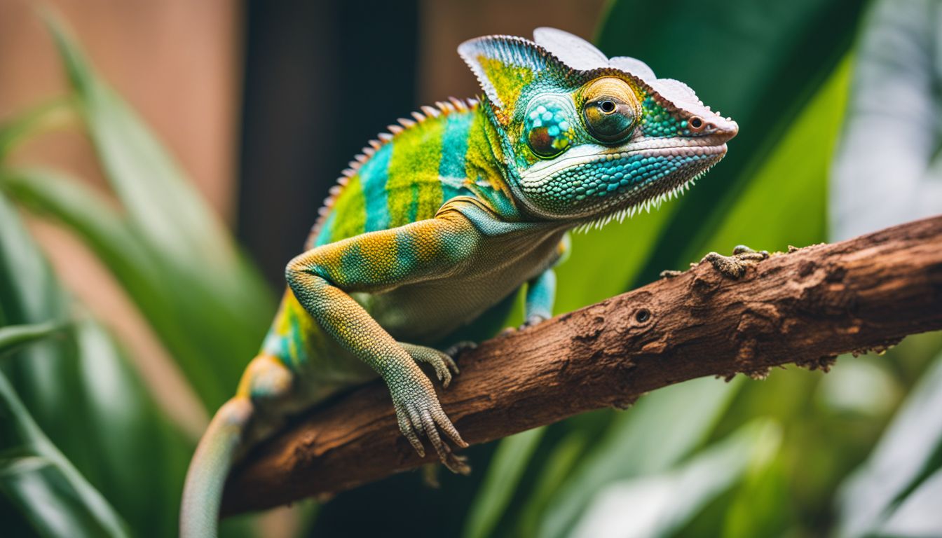 Colorful chameleon on tropical plant with various faces and styles.