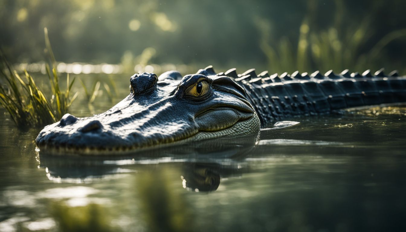 A Caucasian wildlife photographer capturing an alligator swimming in a swamp.