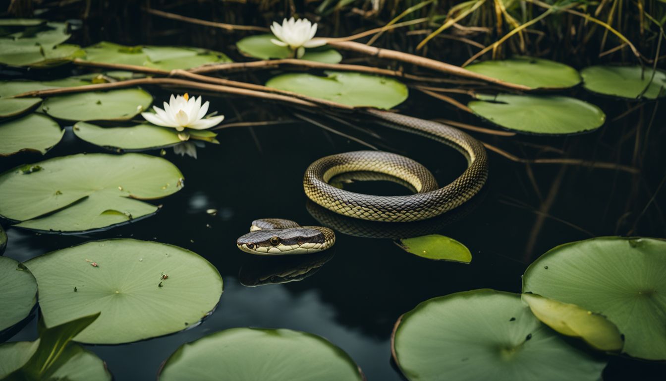 A snake in a wetland surrounded by lily pads, wildlife photography.