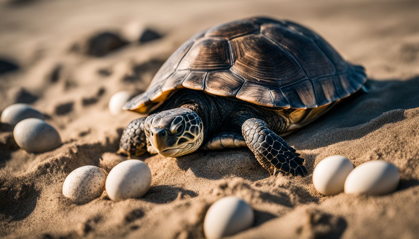 A turtle laying eggs on a sandy beach with different surroundings.