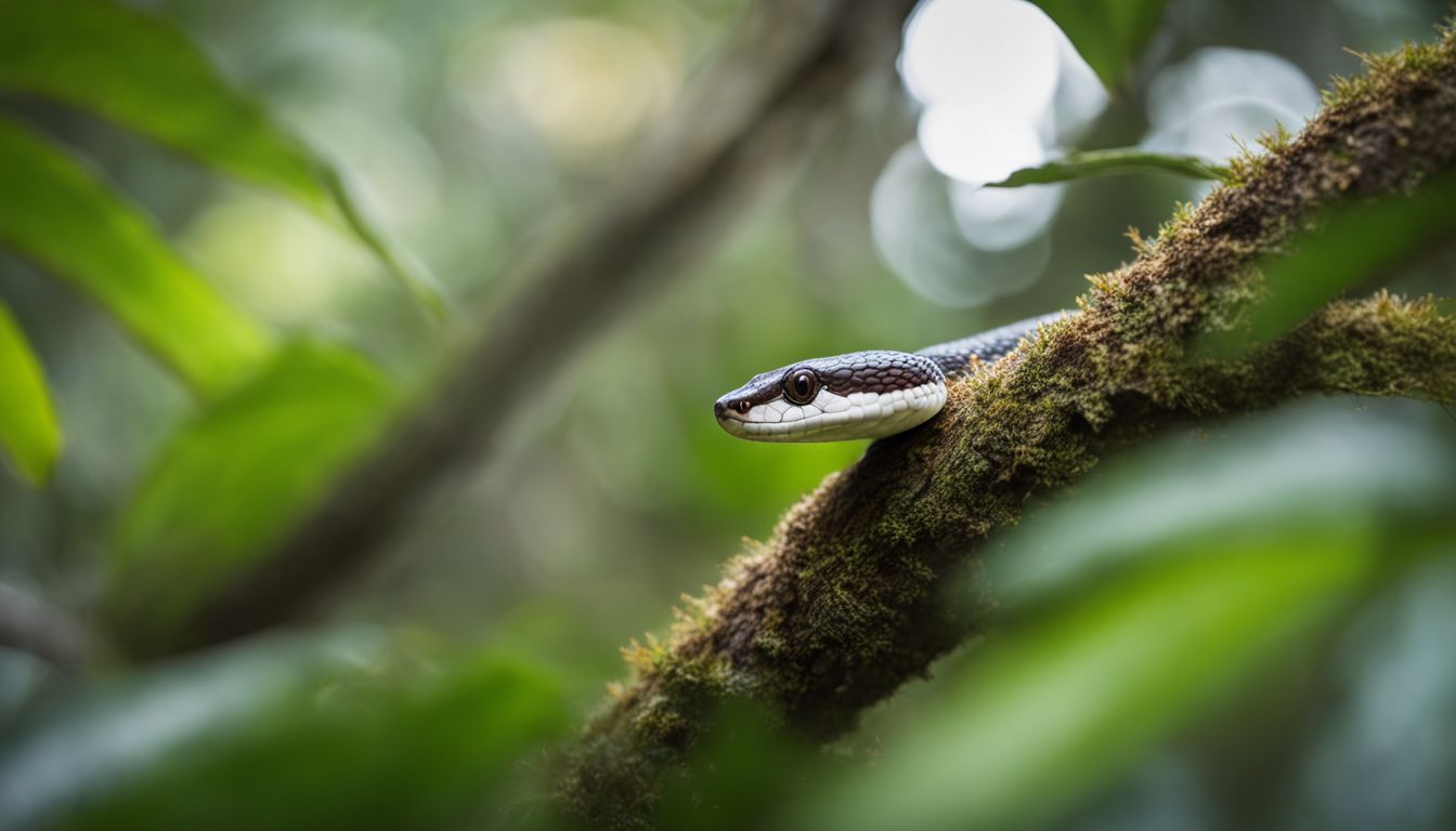 A Caucasian wildlife photographer captures a snake on a tropical rainforest branch.
