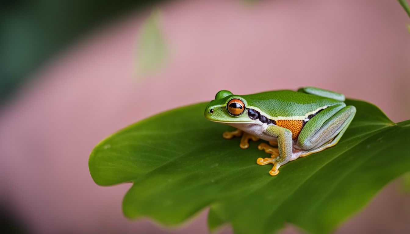 A vibrant tree frog in different outfits and poses.
