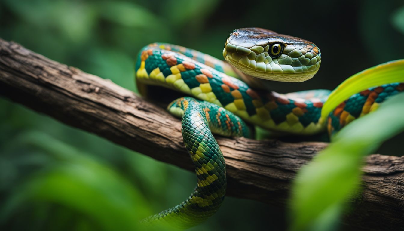 Colorful snake coiled on branch in jungle, photographed with professional equipment.