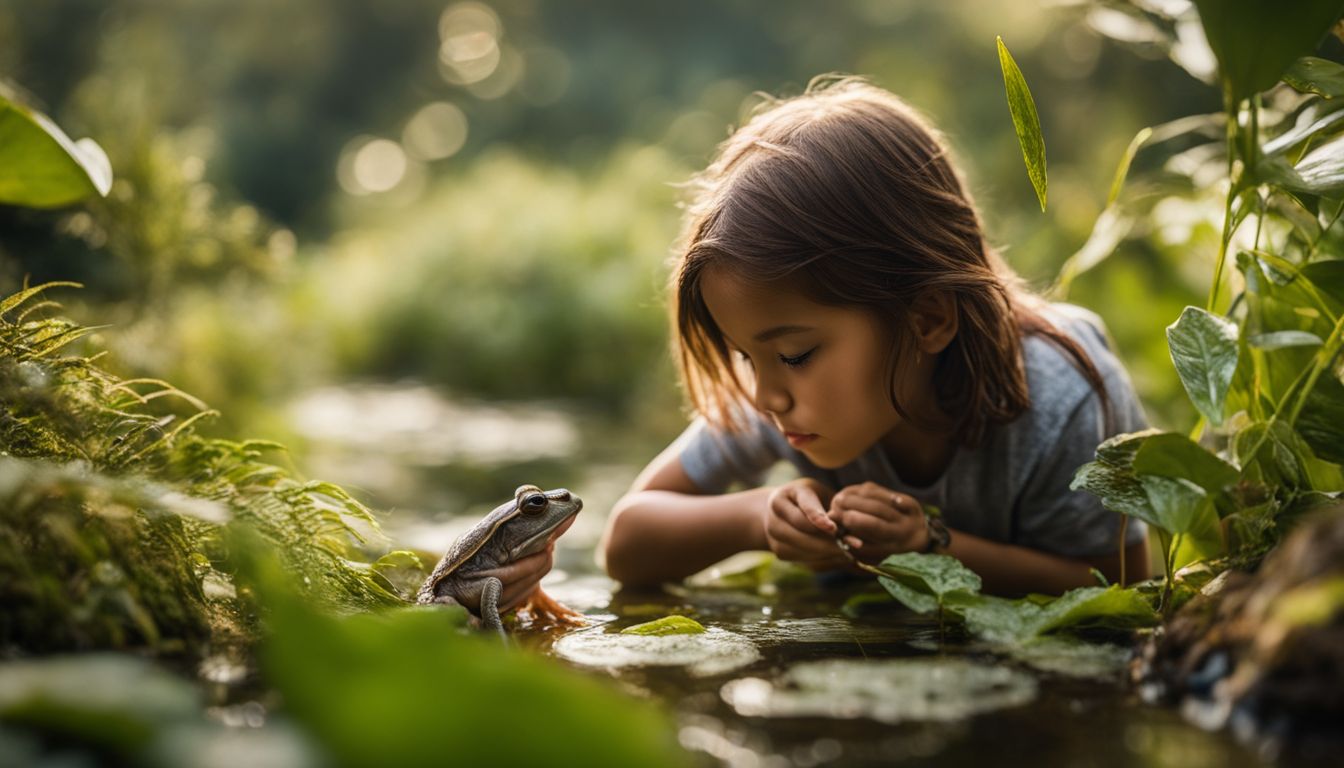 A child feeds a small frog, surrounded by plants and nature, in a well-lit and bustling environment.