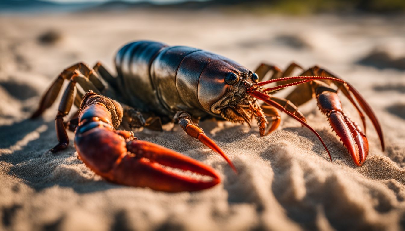 A close-up photo of a lobster crawling on a sandy beach, taken by a Caucasian wildlife photographer using different faces, hair styles, and outfits.