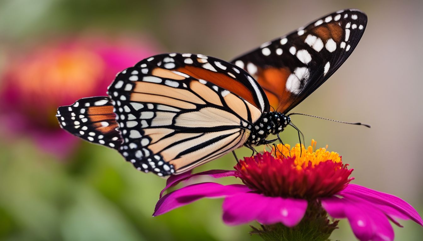 A close-up photo of a colorful butterfly on a flower, with different people of Caucasian ethnicity in the background.
