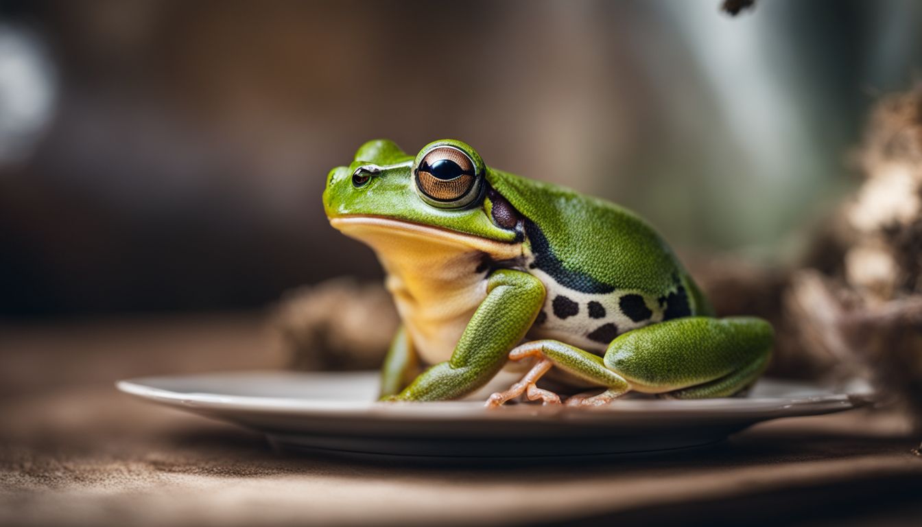 A colorful tree frog sits in front of an empty plate surrounded by uneaten insects in a bustling atmosphere.