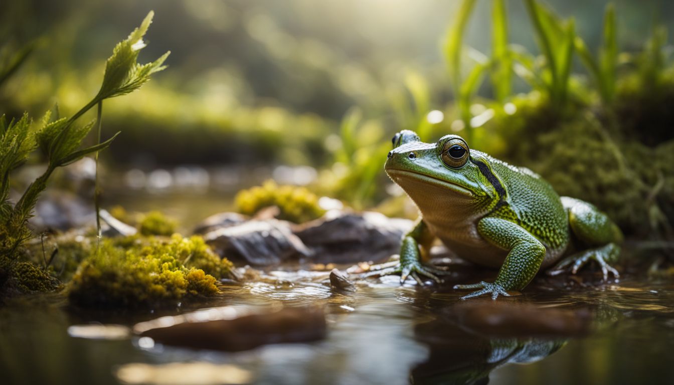 A colorful amphibian surrounded by prey items in its natural habitat, captured in a vibrant wildlife photograph.