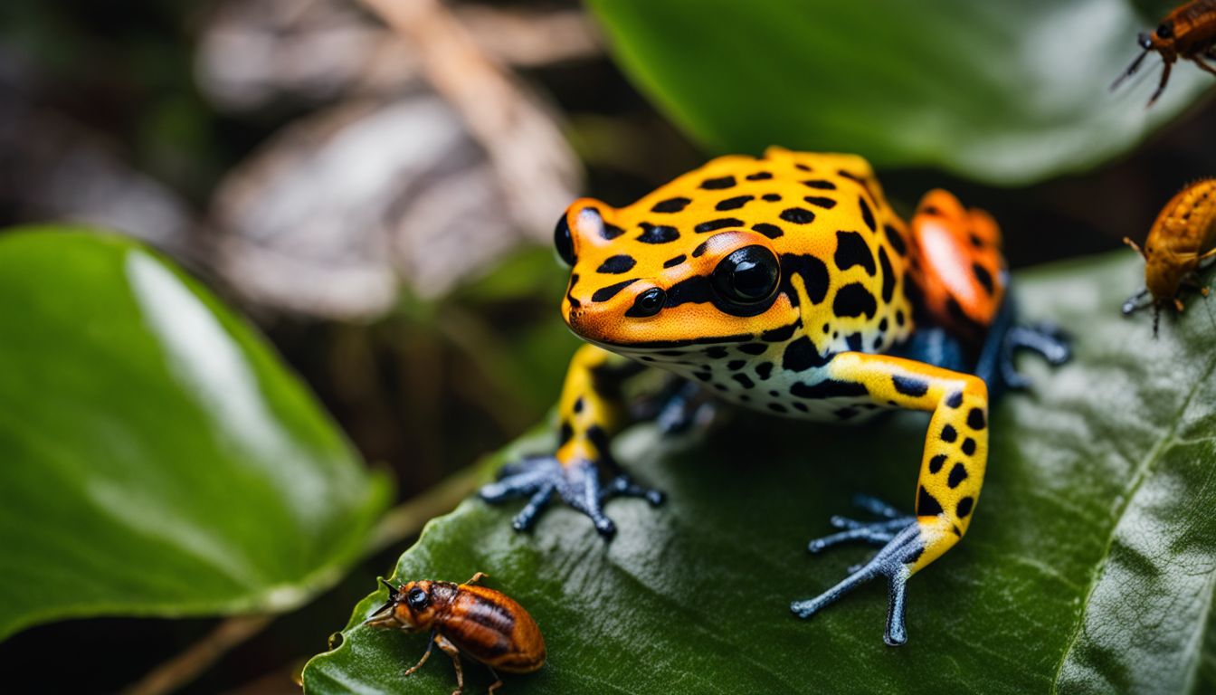 A vibrant poison dart frog among insects and plants in a busy wildlife setting, photographed in high resolution.