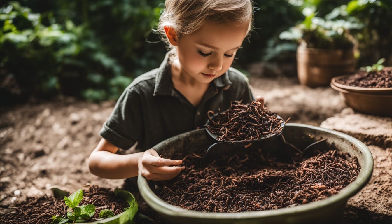 The photo shows a Caucasian child holding a container of earthworms in a lush garden surrounded by diverse people with different appearances and outfits.