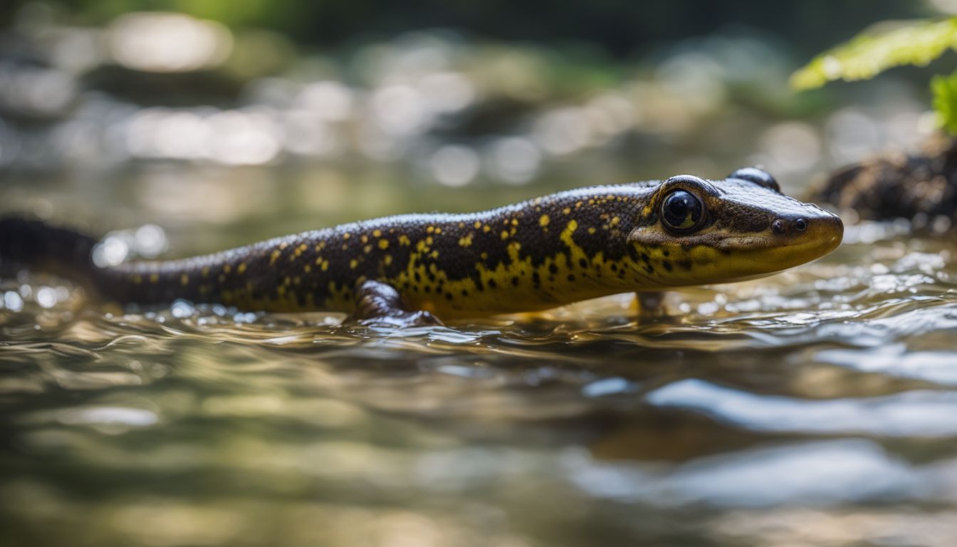 A photo of a salamander swimming in a forest stream, captured by a wildlife photographer with various ethnicities, hairstyles, and outfits.