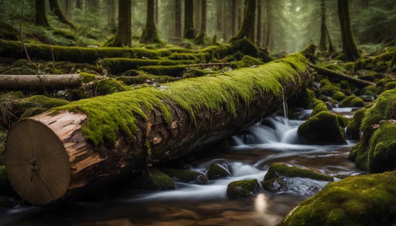 A photo of a waterlogged log covered in moss and surrounded by a stream in a forest.