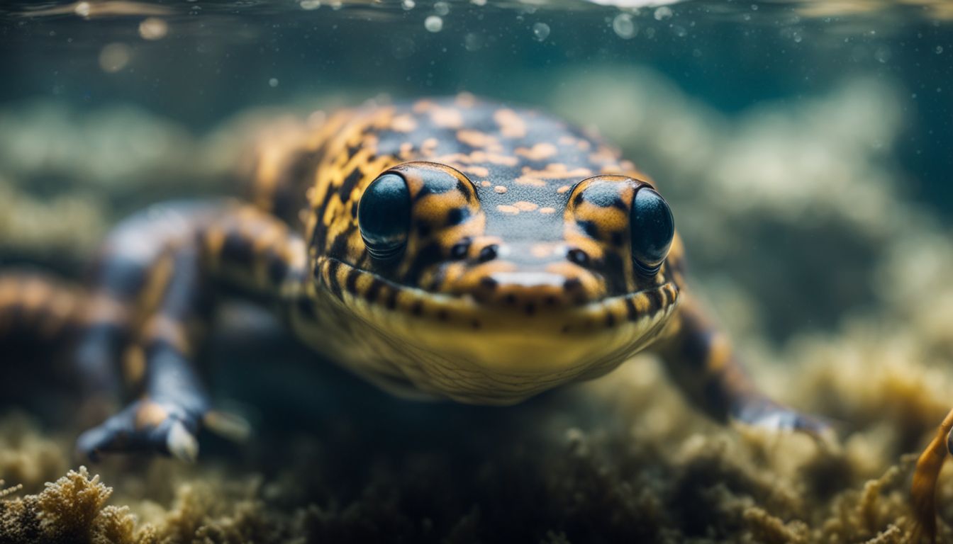 A close-up photo of a terrestrial salamander underwater, showcasing its ability to breathe through its skin.