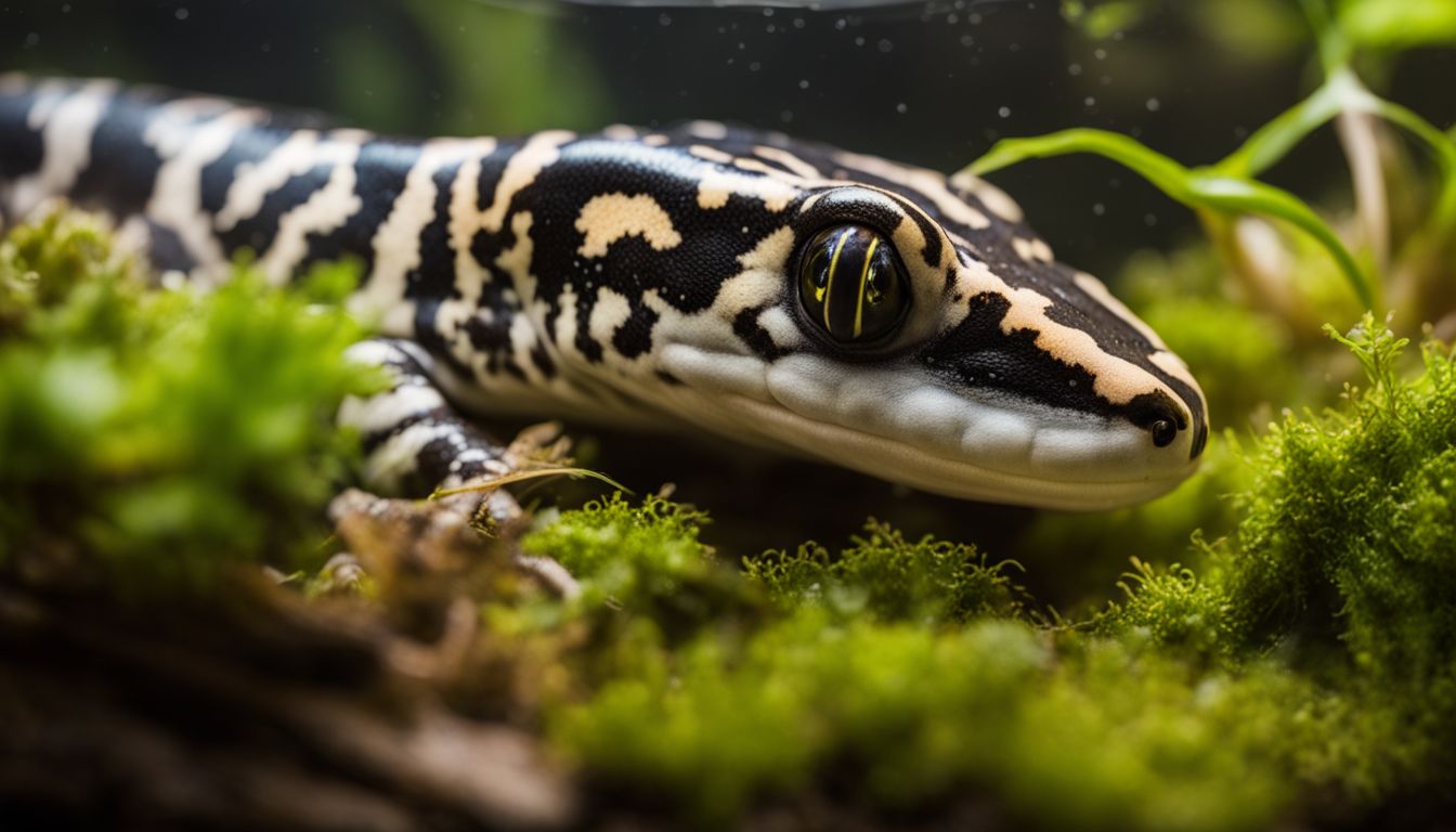 A close-up of a healthy Eastern Tiger Salamander in a terrarium, with various people of different appearances and outfits surrounding it.