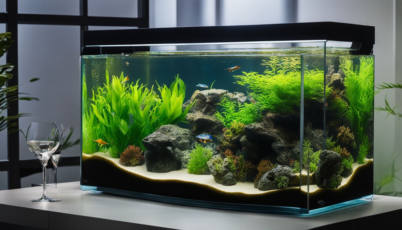 A diverse and vibrant aquarium with a variety of plants, rocks, and fish, captured in high-quality resolution.