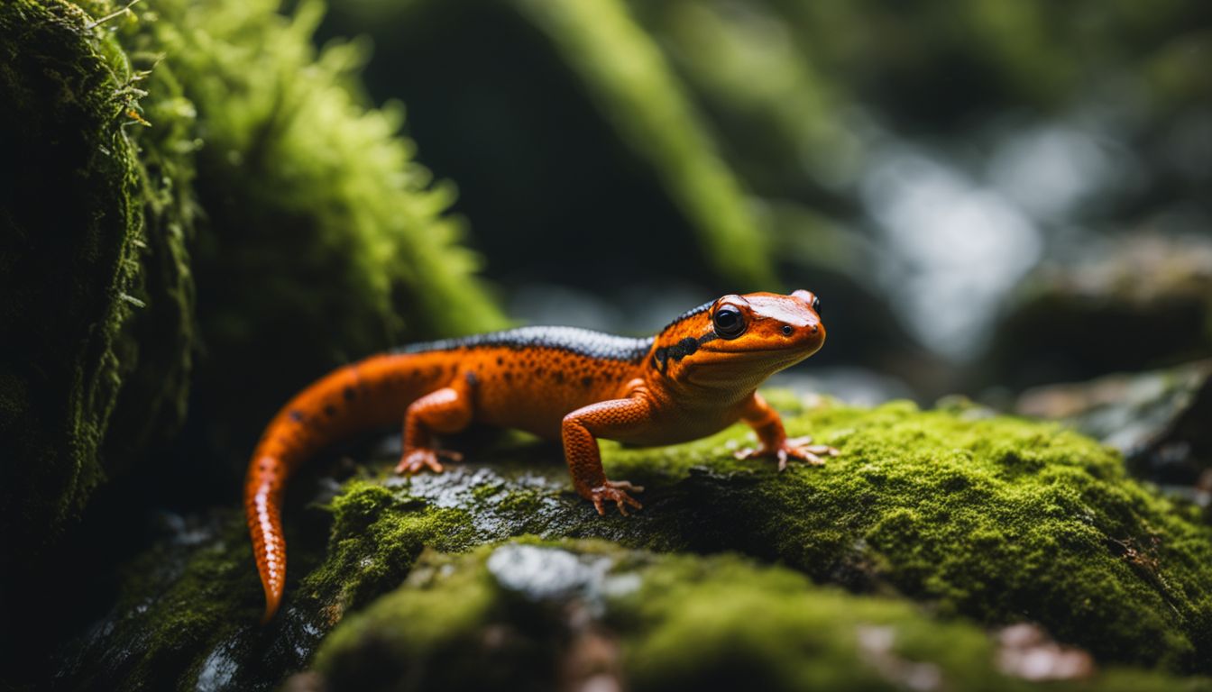 A vibrant salamander exploring a lush mossy forest with various people and scenery in the background.