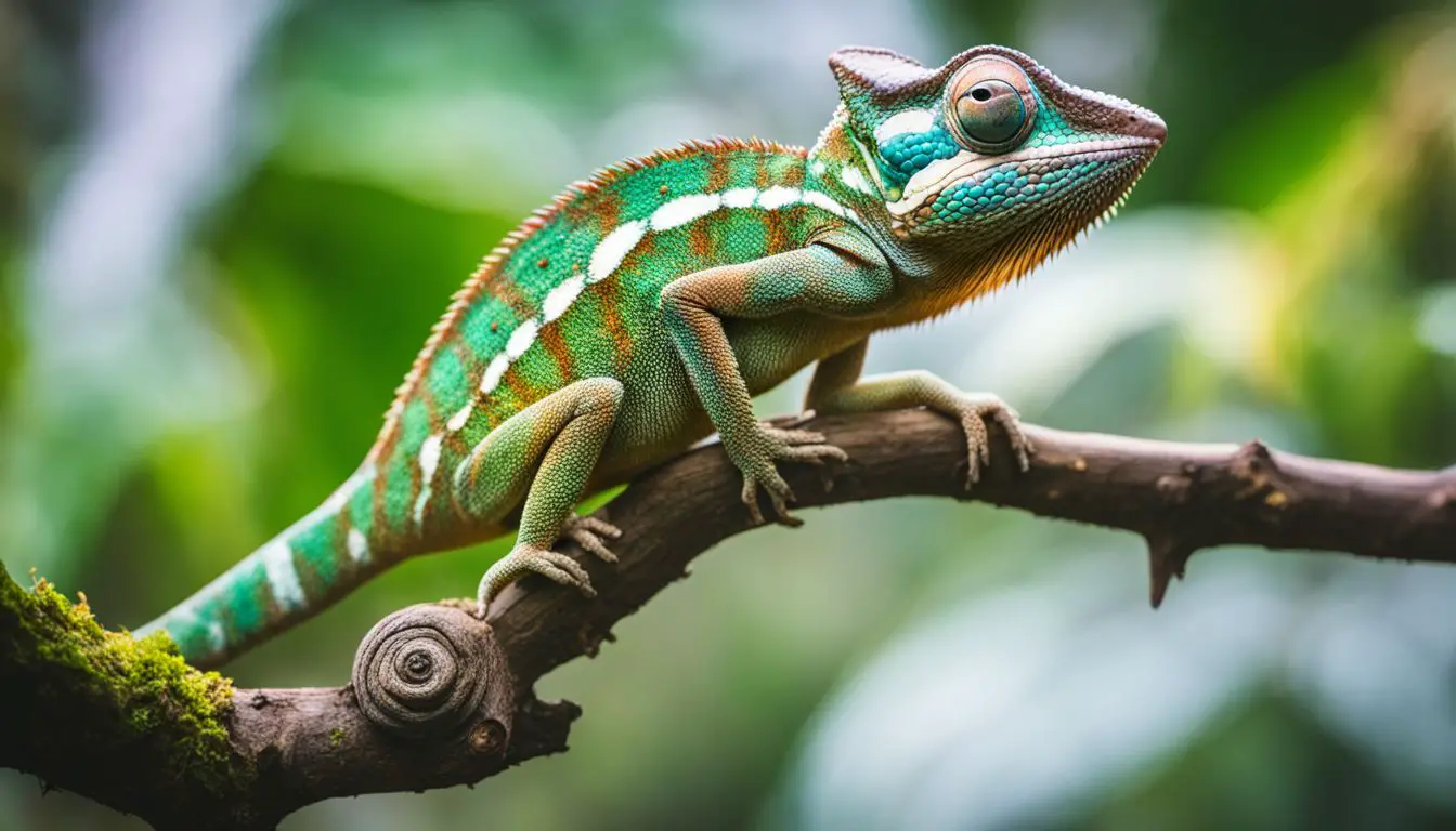 A colorful chameleon on a tree with a variety of people in different styles and outfits.