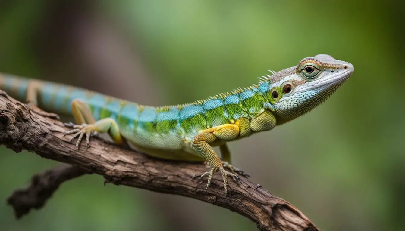 A photograph of a lizard capturing a brightly colored caterpillar on a tree branch, taken by a wildlife photographer.