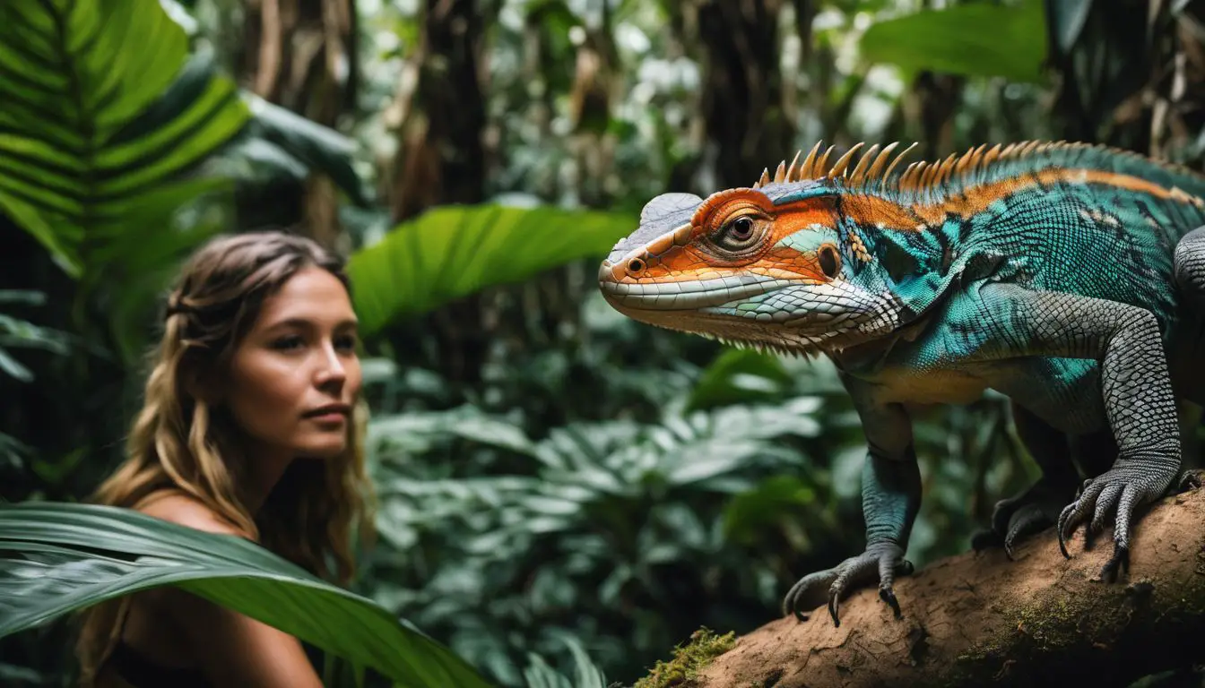 A person exploring a tropical forest surrounded by lizards, capturing wildlife photography with different styles, outfits, and expressions.