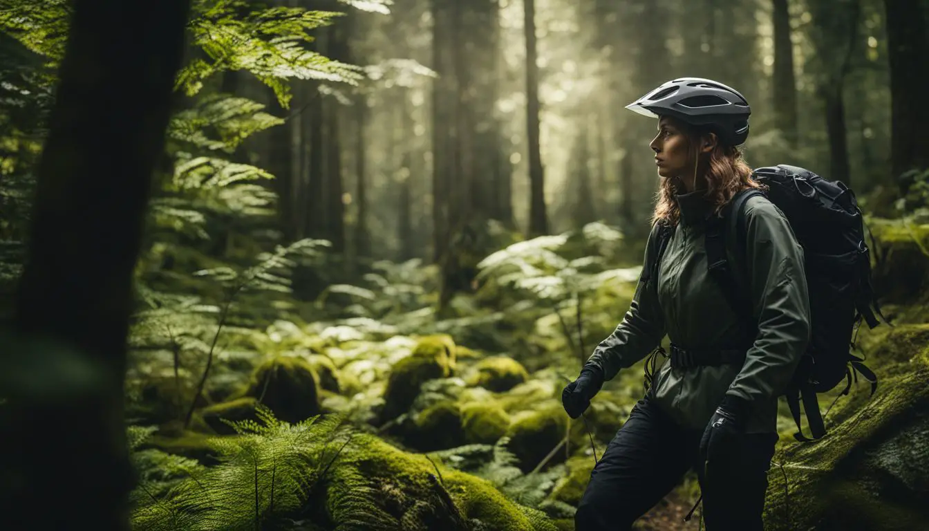 A hiker in protective gear explores a lush forest, captured in high-quality, photorealistic detail.