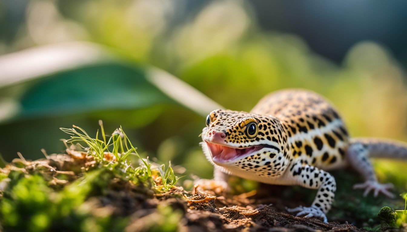 A leopard gecko hunts and eats silkworms in its natural habitat.