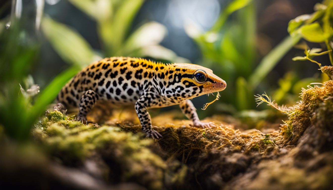 A leopard gecko catches and eats a beetle in a natural terrarium.