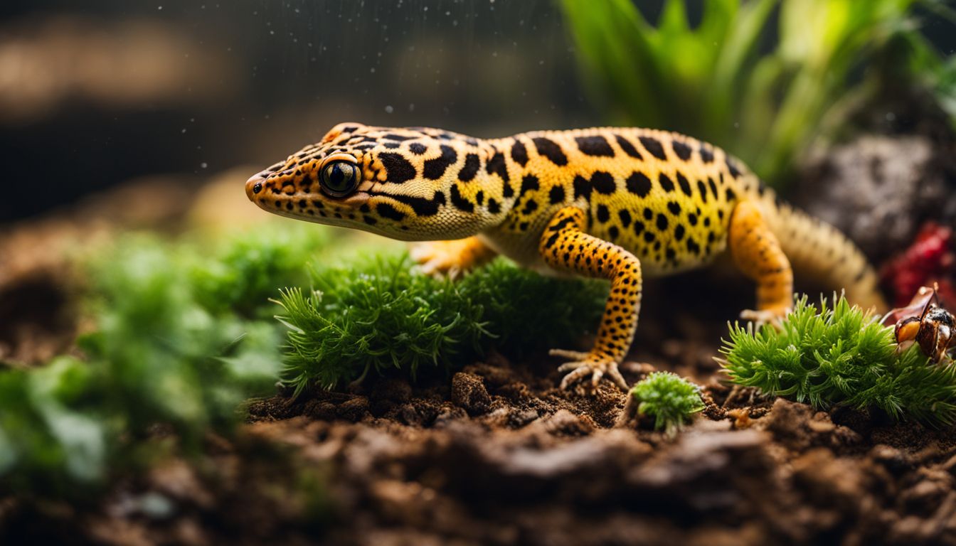 A leopard gecko hunting and eating a darkling beetle in its terrarium.