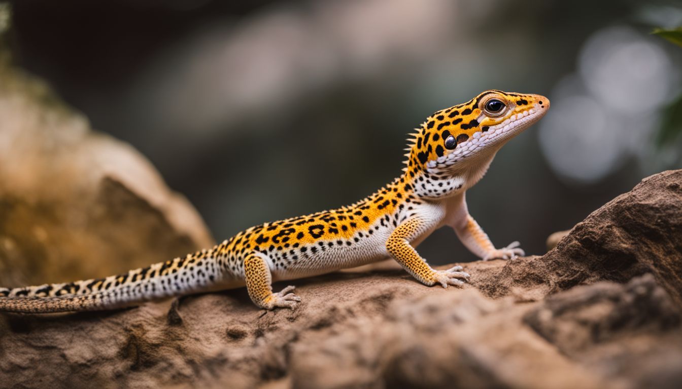 A leopard gecko exploring its natural habitat in various outfits.