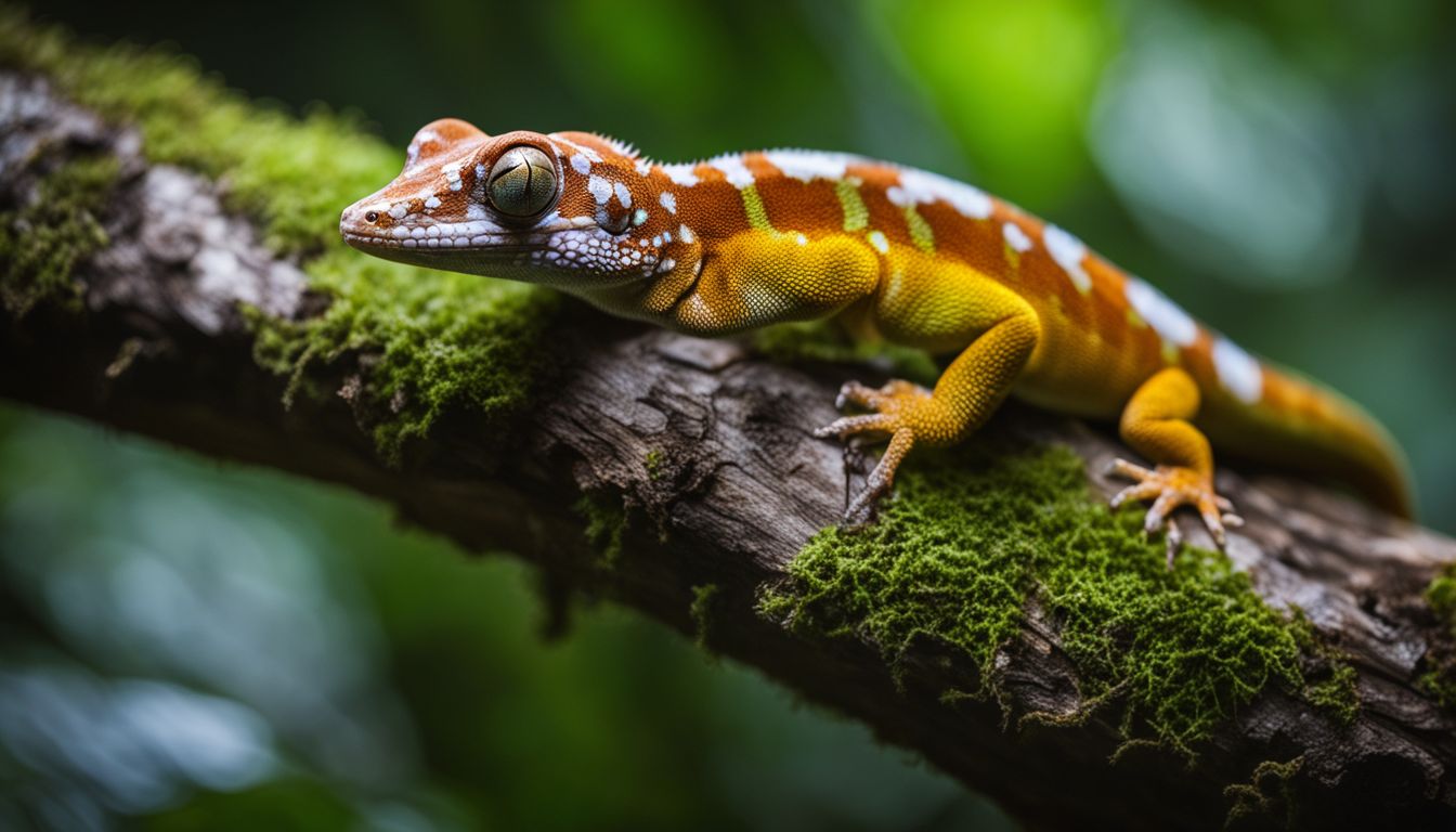 A gecko camouflaged on a rainforest tree branch.
