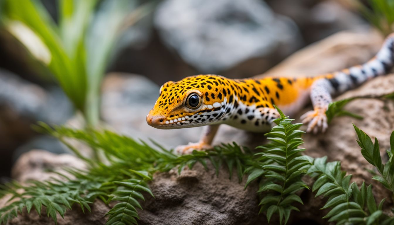 A leopard gecko in a natural habitat surrounded by rocks and foliage.