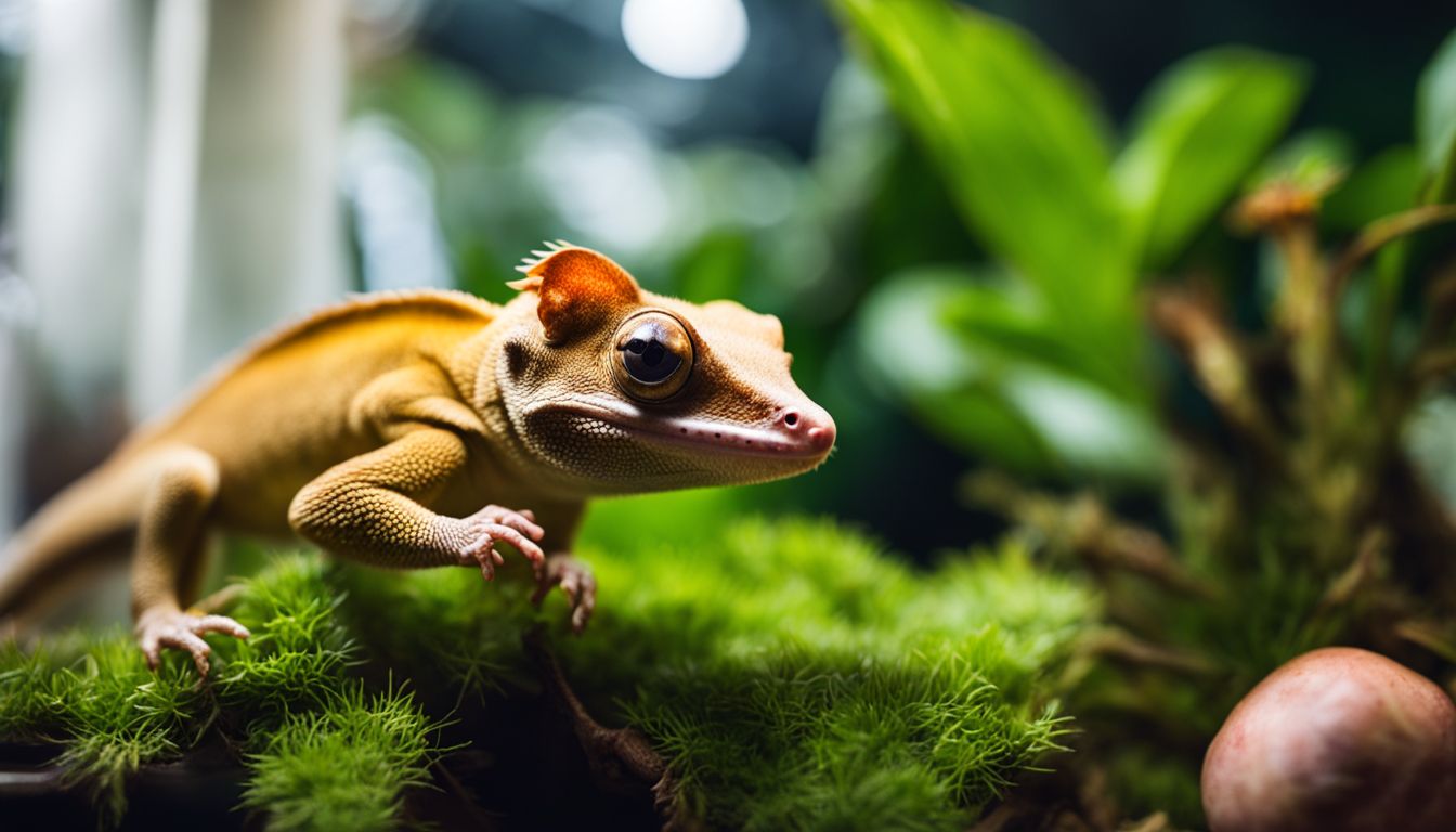 A crested gecko eating a blueberry in a lush terrarium.
