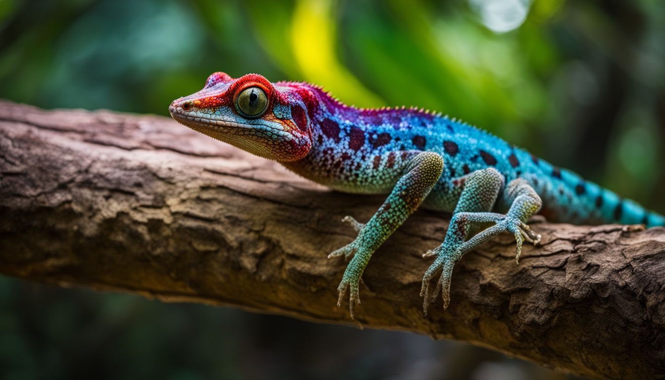 A vibrant gargoyle gecko perched on a tropical tree branch.
