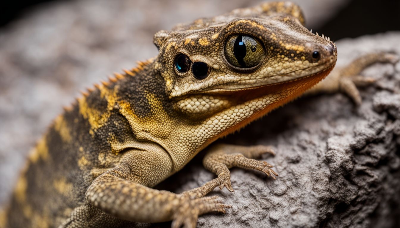 A gargoyle gecko exploring its well-equipped habitat in a nature photography.
