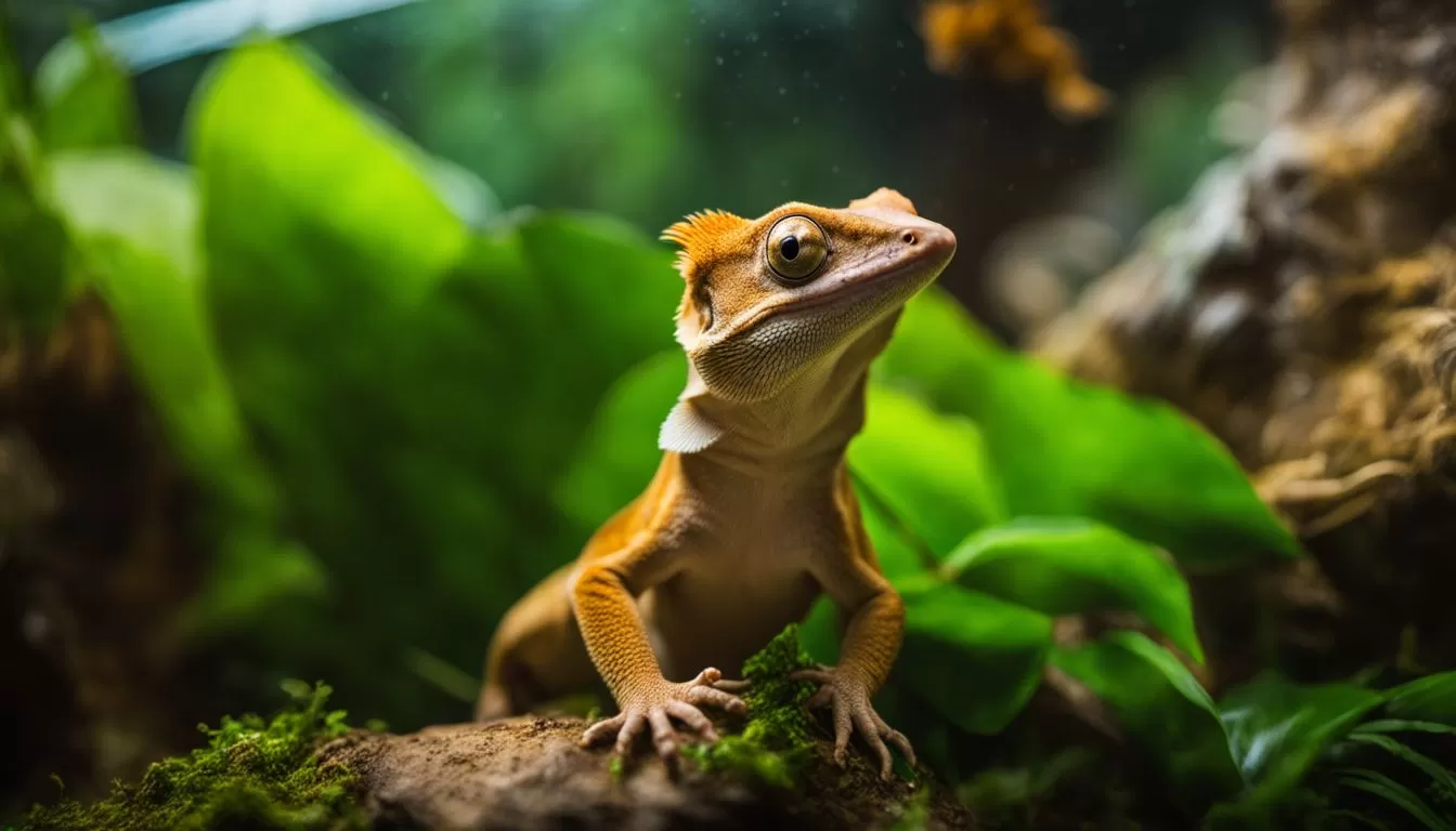 A healthy crested gecko in a lush terrarium habitat.