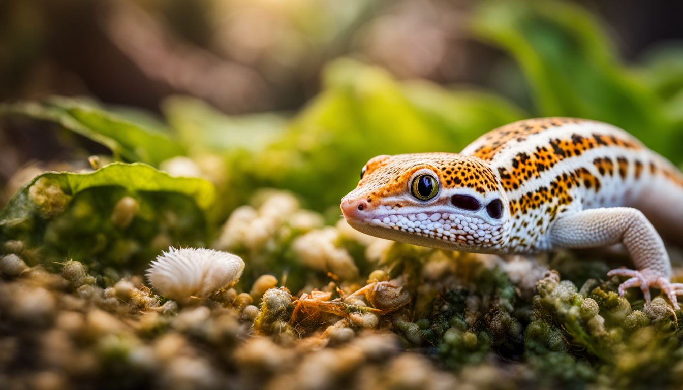 A leopard gecko feasting on silkworms in a natural habitat.