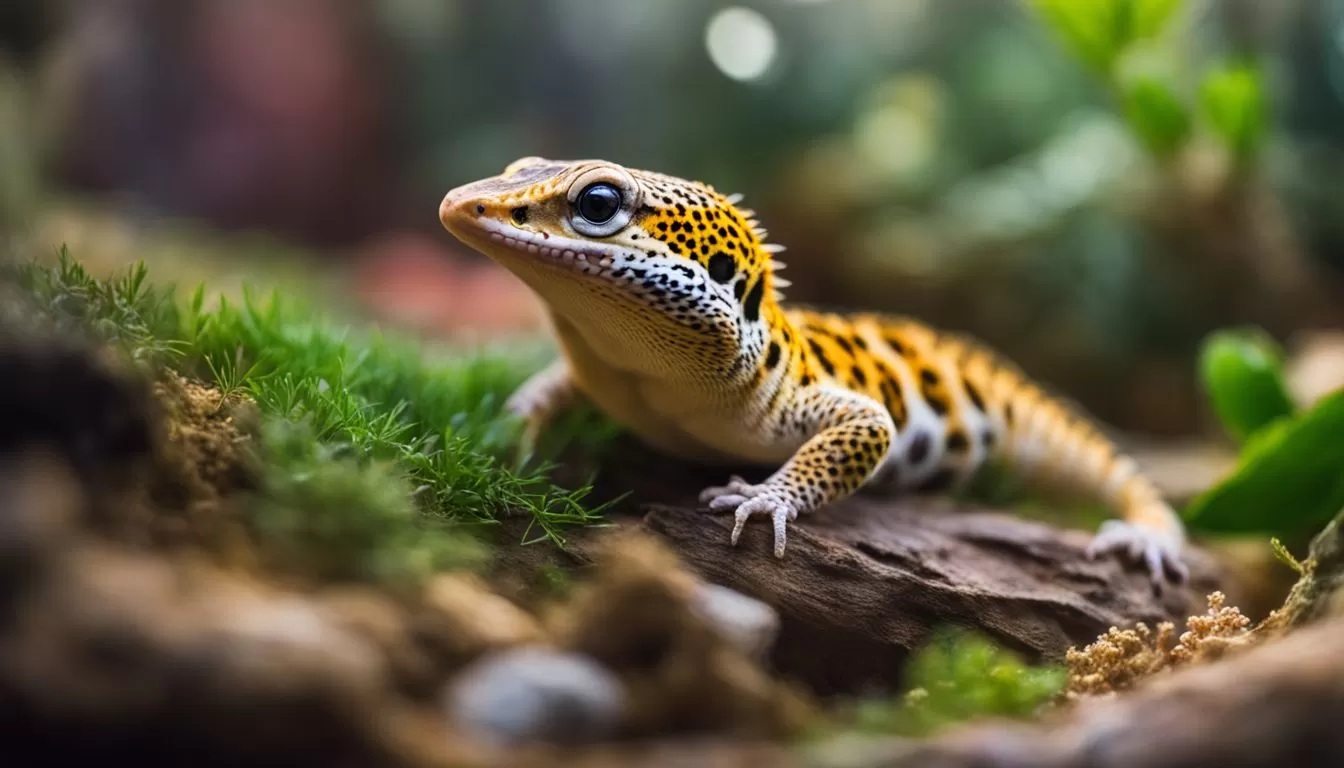 A leopard gecko in a terrarium in various outfits and poses.