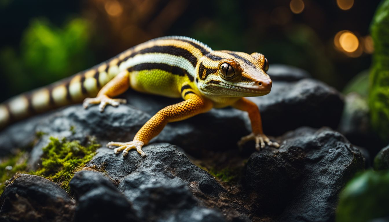 A gecko resting on a rock in a terrarium with a natural setting.
