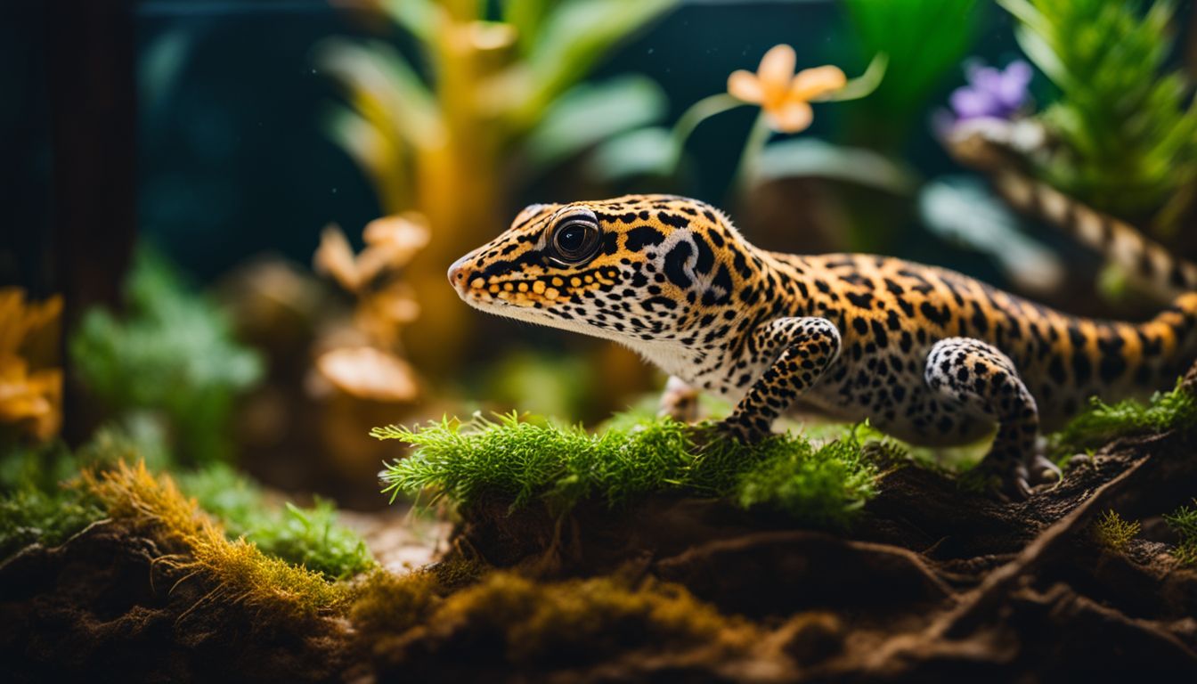 A leopard gecko exploring a terrarium in a variety of outfits.