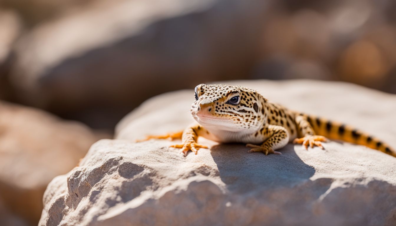 A leopard gecko among desert rocks with close-up of urates.