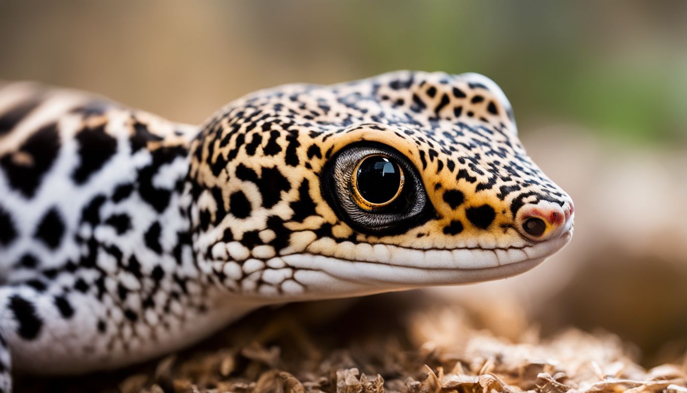 A leopard gecko in its natural habitat at night, with focus on its eye and the surrounding environment.