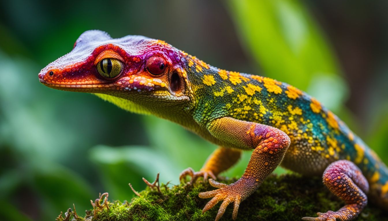 A vibrant gargoyle gecko perched on a mossy branch.