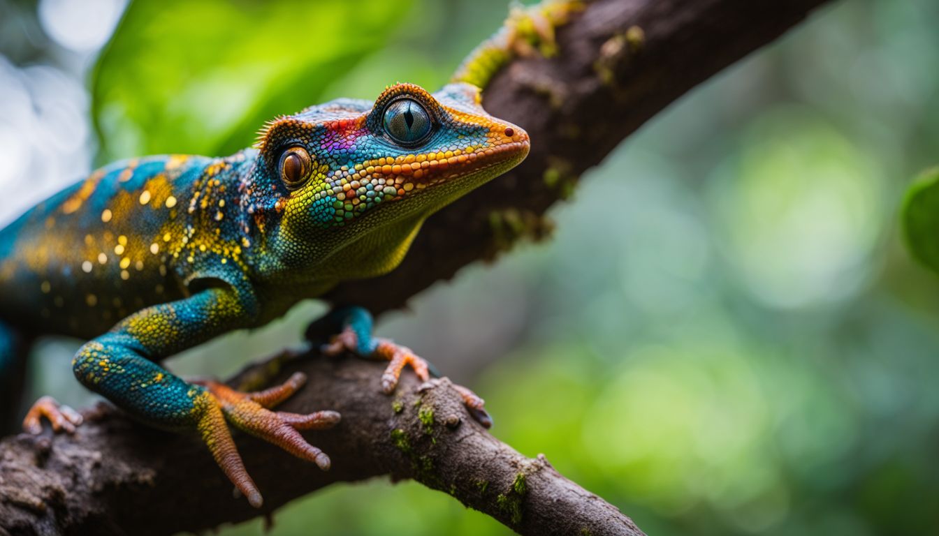 A gargoyle gecko perched on a colorful rainforest branch.