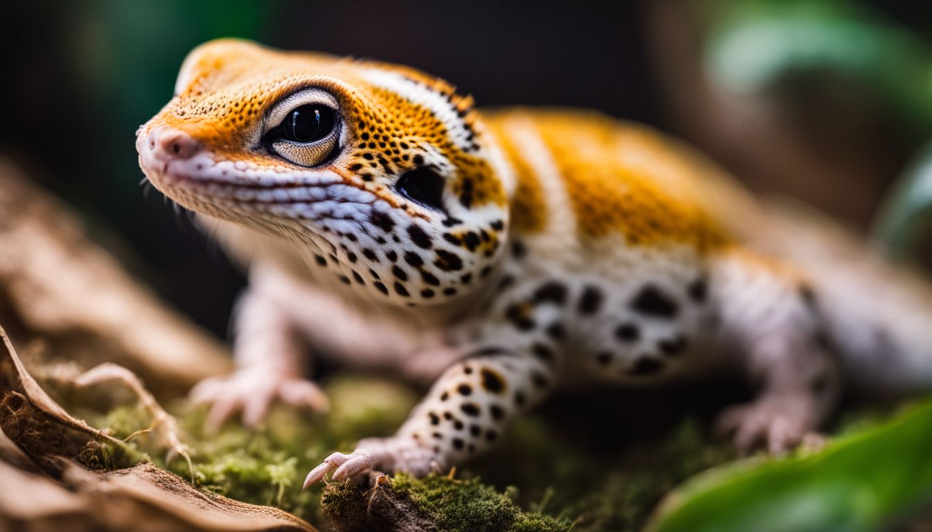 A leopard gecko resting in a cozy terrarium.