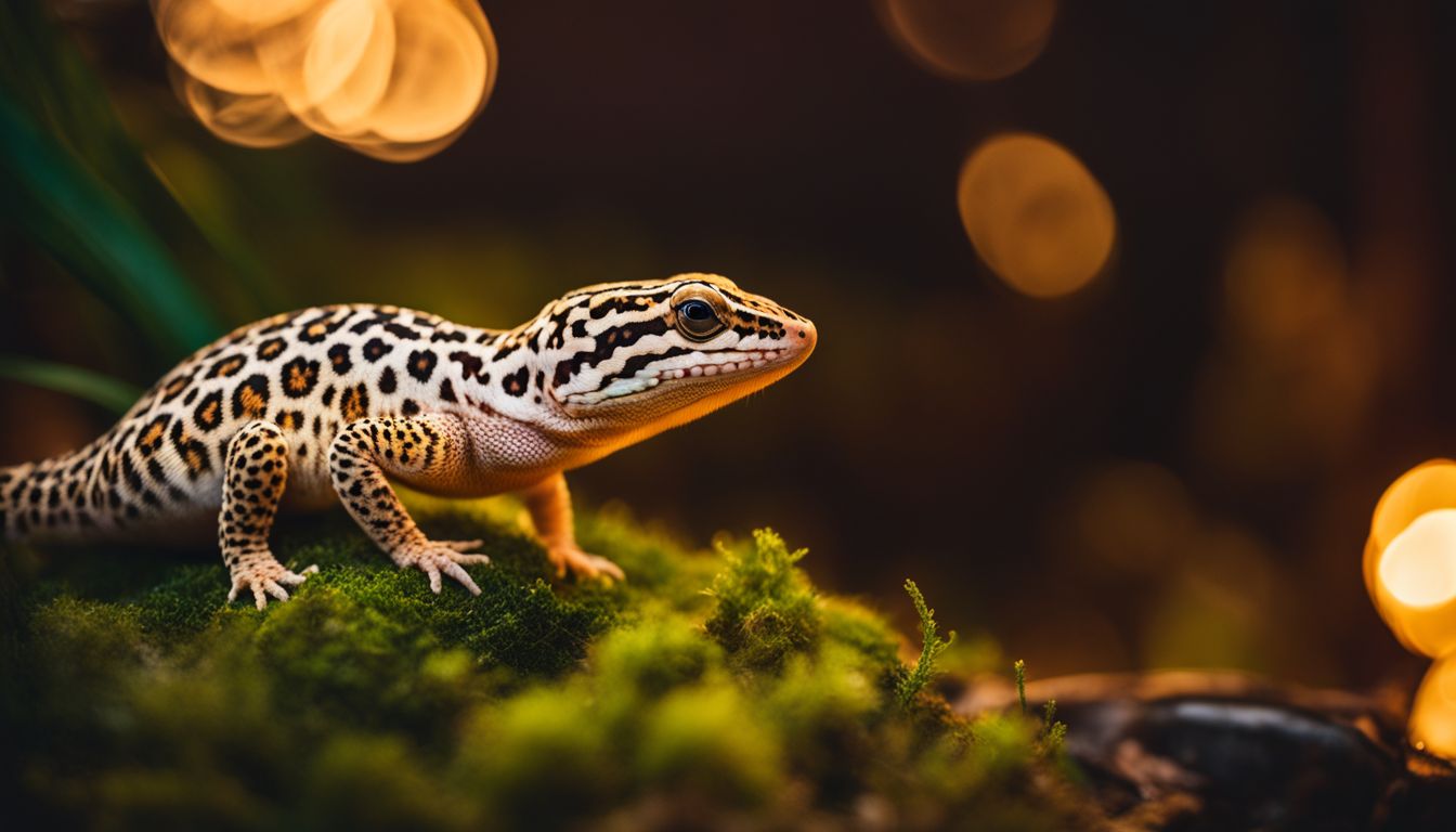 'A leopard gecko in a cozy terrarium surrounded by warm lighting.'