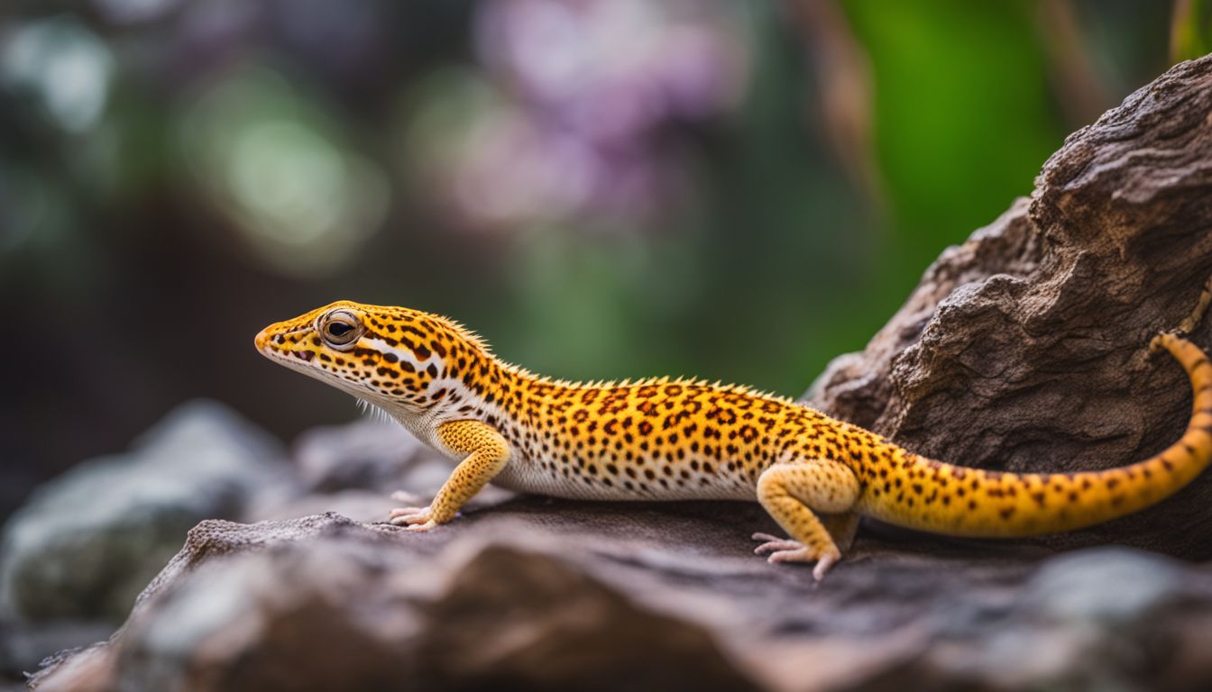 A leopard gecko in various color variations in its natural habitat.