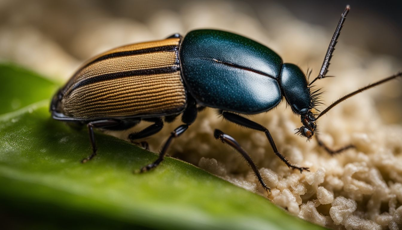 A close-up photo of a Mealworm Beetle transitioning from larva to beetle on natural substrate.