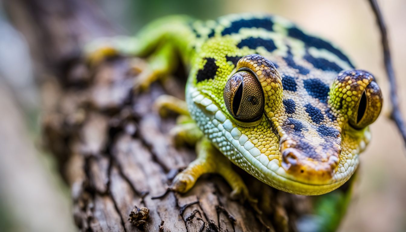 A camouflaged gecko lies motionless on a tree branch.