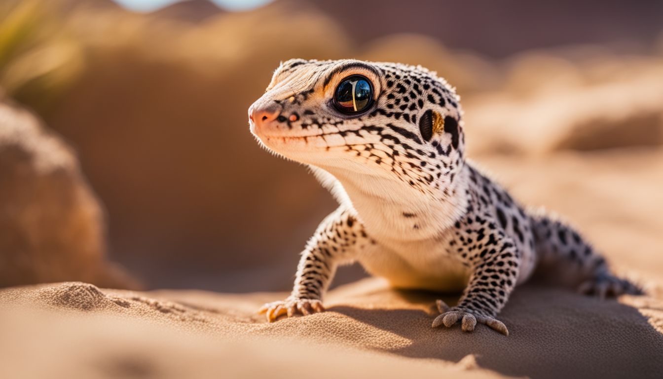 A leopard gecko in various poses and environments for nature photography.