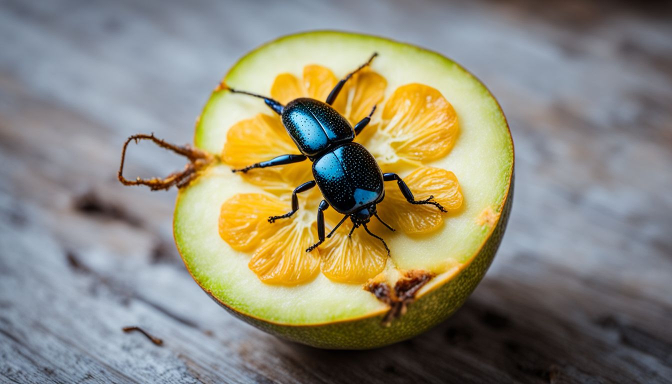 A close-up photo of a darkling beetle crawling on a piece of fruit.